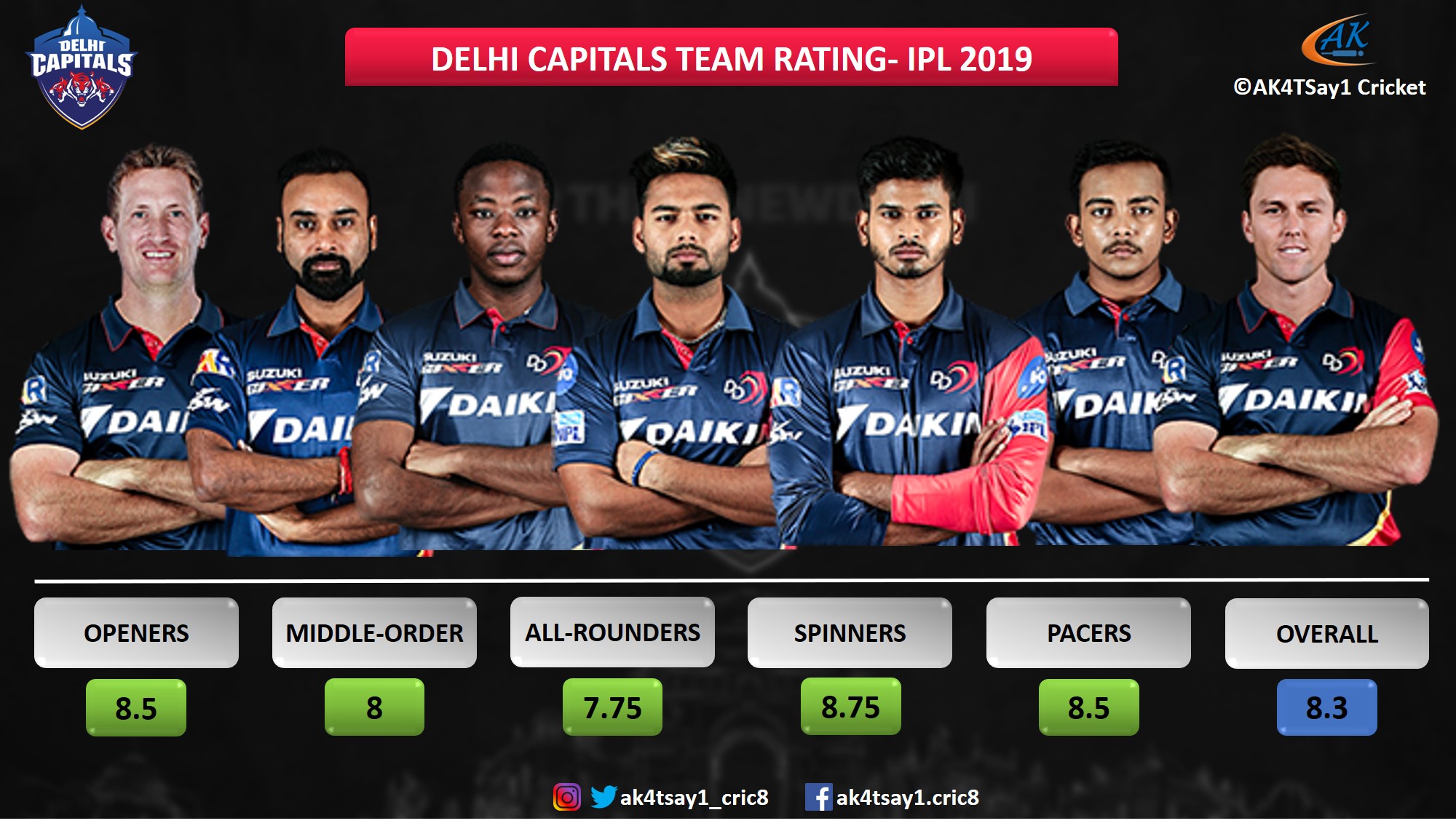 IPL 2019 Delhi Capitals Team Rating by AK4TSay1 Cricket