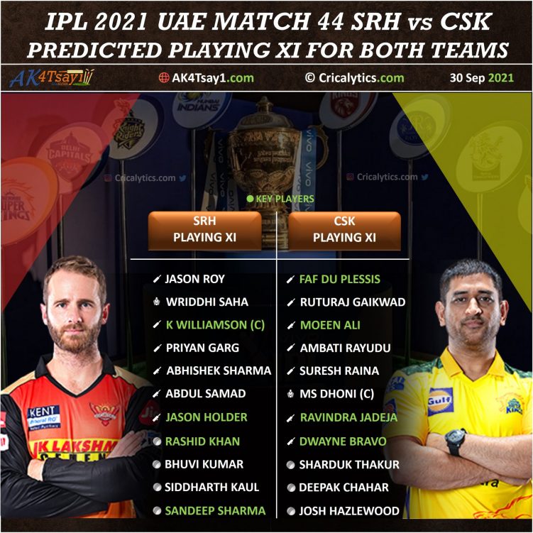 IPL 2021 SRH vs CSK match 44 predicted XI and dream 11 best fantasy players picks