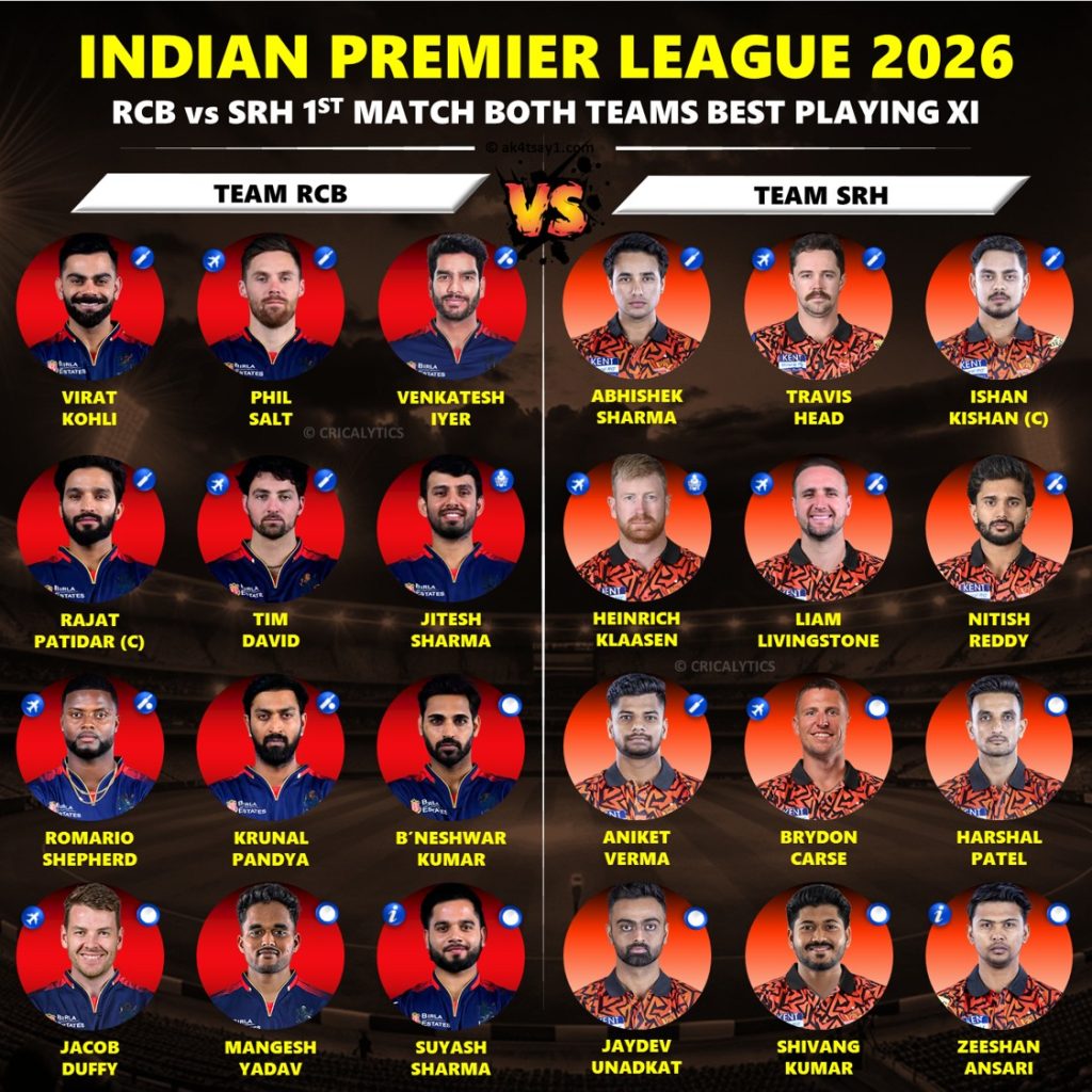 IPL 2026 RCB vs SRH 1st Match Each Team Best Playing 11